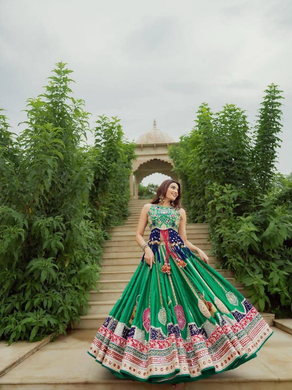 Green Heritage Lehenga Choli Set with Printed Dupatta