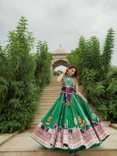 Green Heritage Lehenga Choli Set with Printed Dupatta