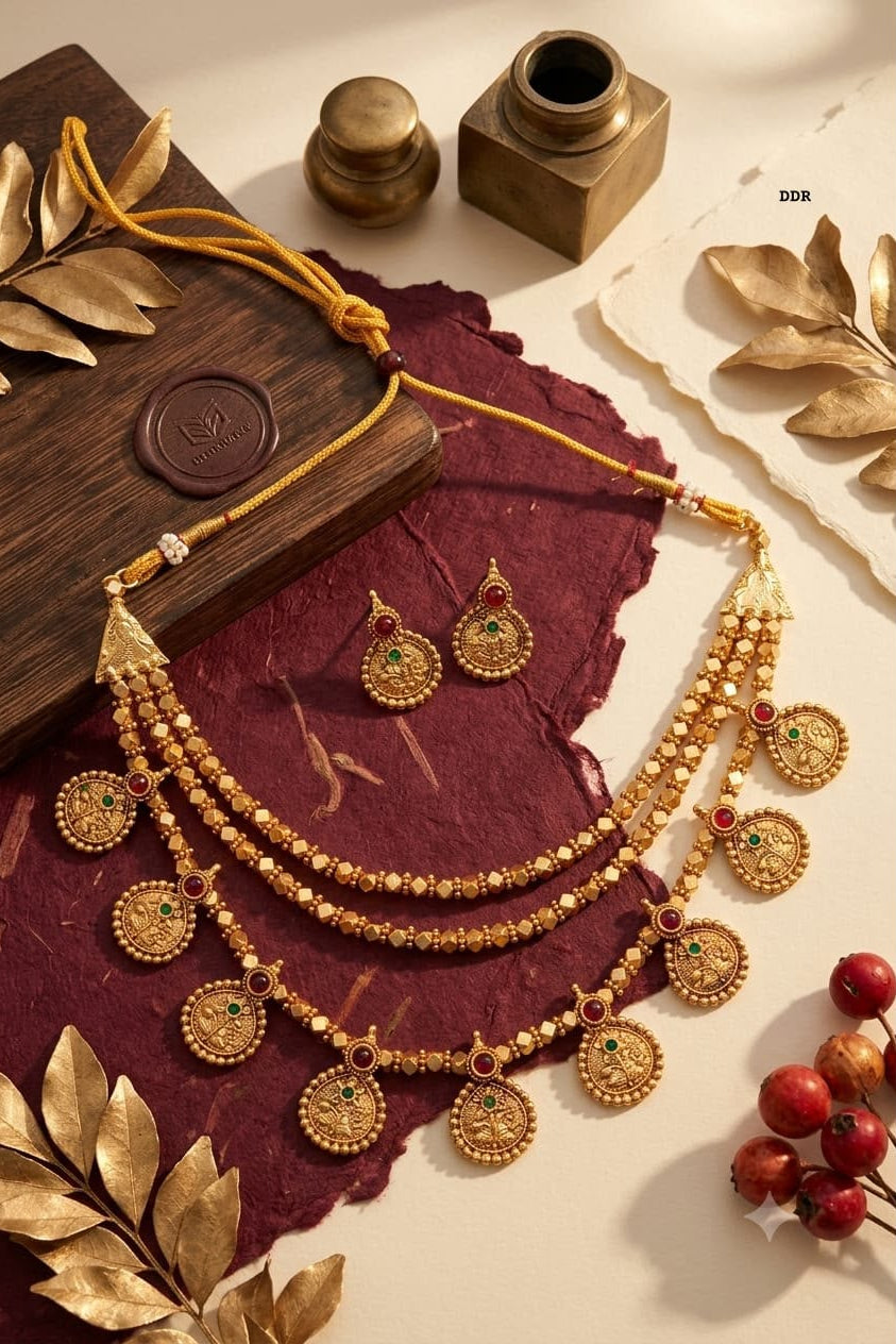 Traditional Coin Design Faceted Three-Layer Maharashtrian Necklace Set