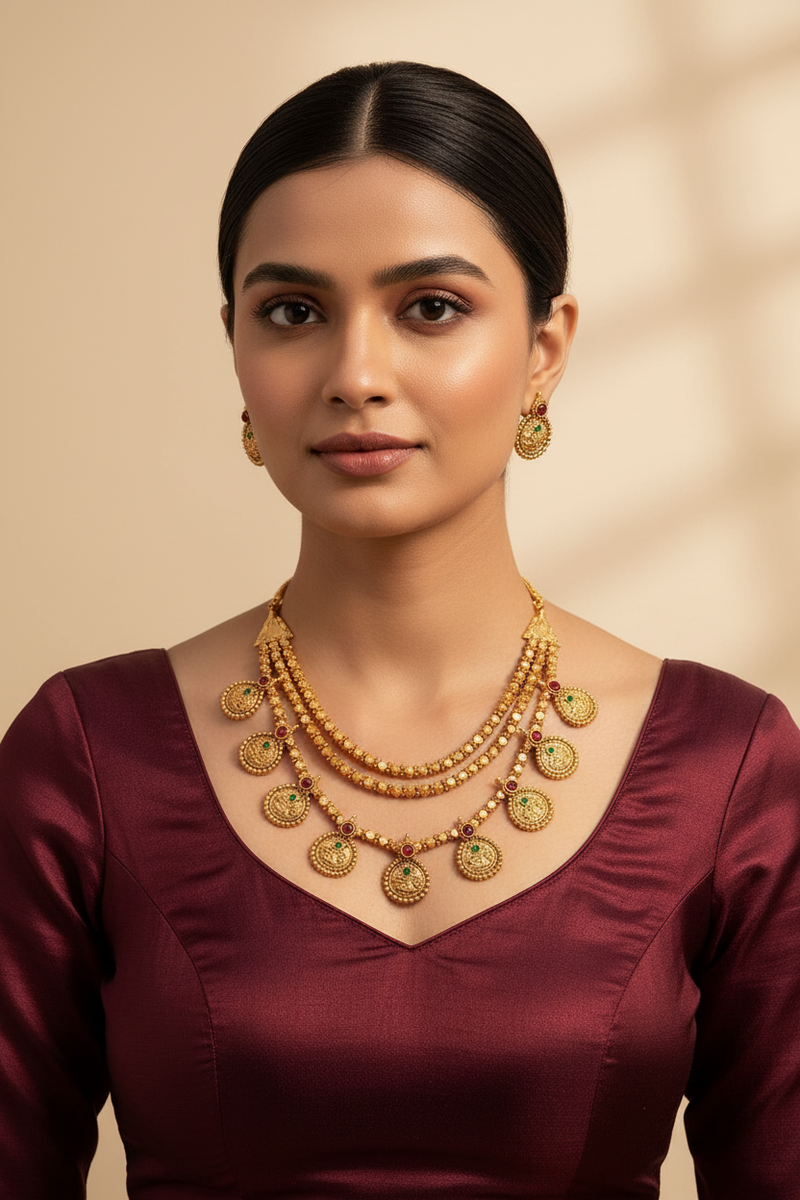 Traditional Coin Design Faceted Three-Layer Maharashtrian Necklace Set