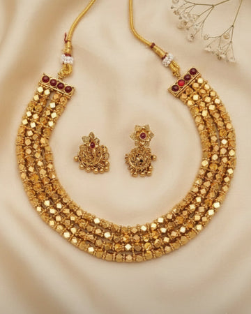 Traditional Multi-Strand Gold-Tone Mirror Work Choker & Earring Set