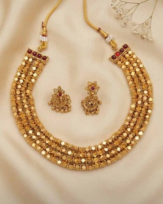 Traditional Multi-Strand Gold-Tone Mirror Work Choker & Earring Set