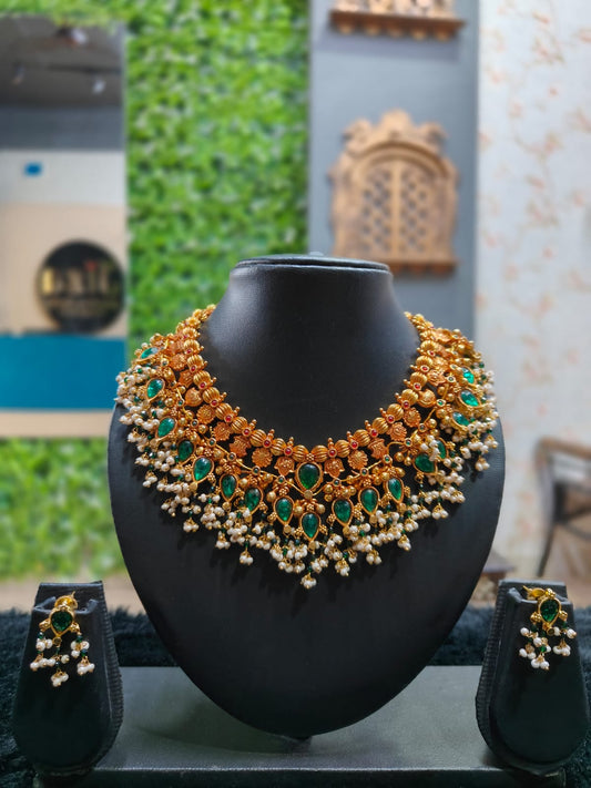 Traditional Emerald & Pearl Embellished Gold-Tone Temple Necklace and Earring Set
