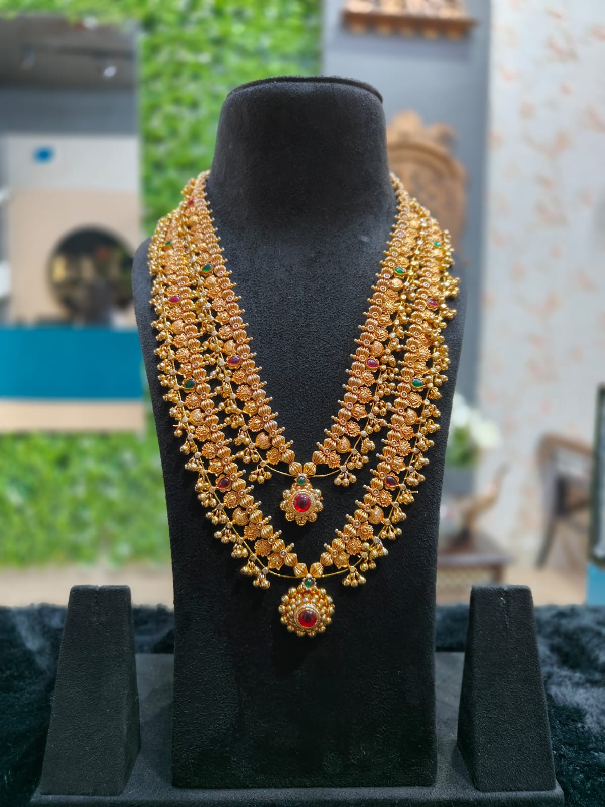 Traditional Layered Gold-Plated Long Haram and Medium Necklace Set
