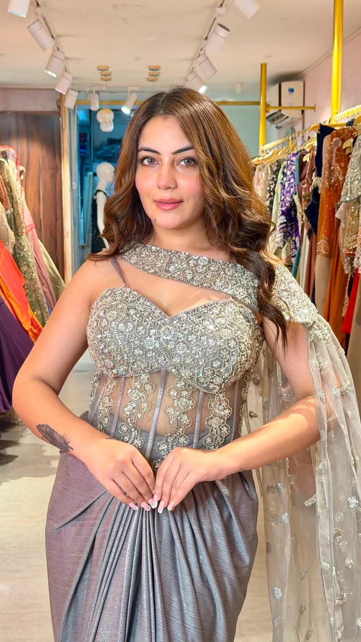 Astera Luxe Draped Saree Gown Set with Cape