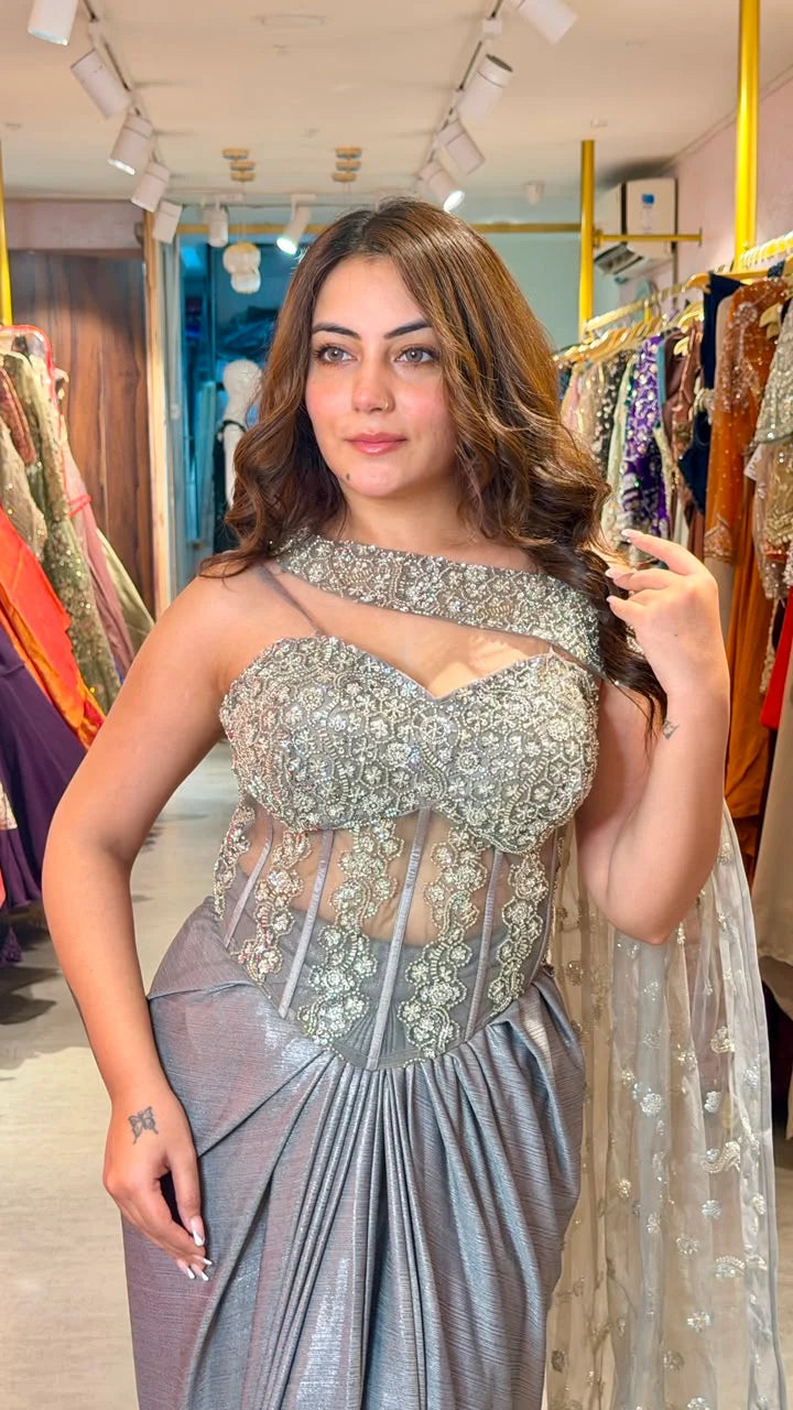 Astera Luxe Draped Saree Gown Set with Cape