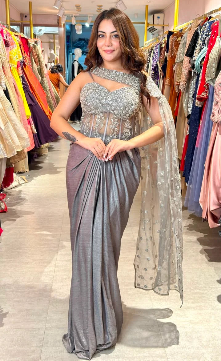 Astera Luxe Draped Saree Gown Set with Cape