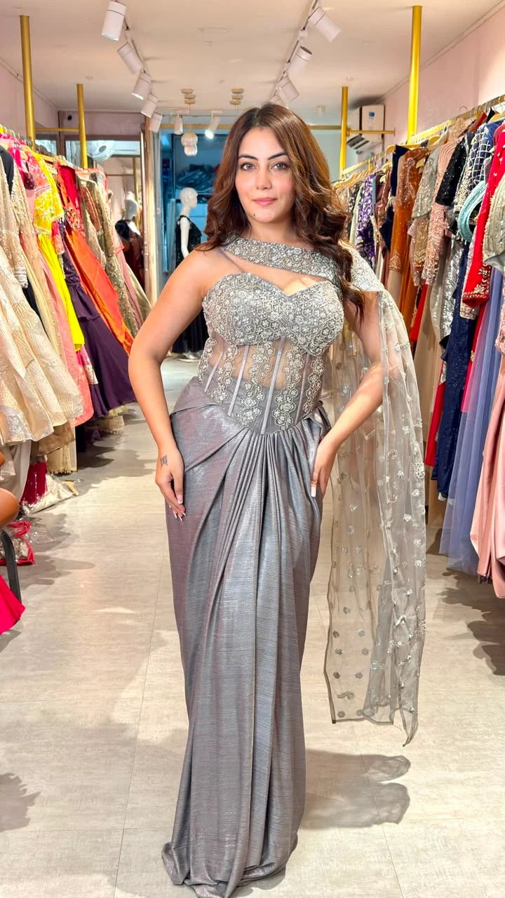 Astera Luxe Draped Saree Gown Set with Cape