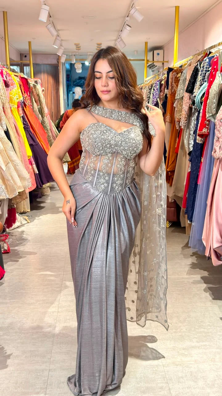Astera Luxe Draped Saree Gown Set with Cape