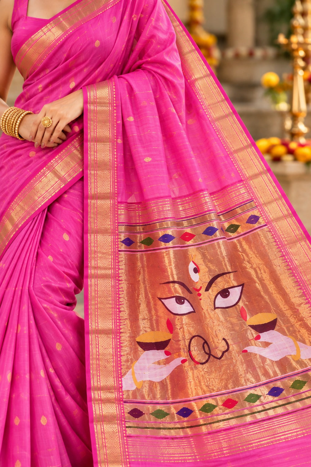 Traditional Maharashtrian Devi Varn Temple Design Zari Border Cotton Paithani Saree