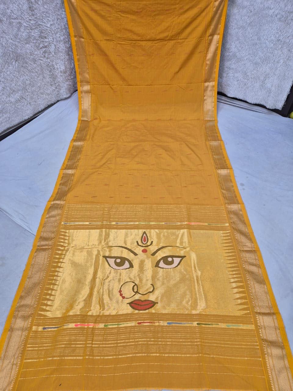 Traditional Maharashtrian Devi Varn Temple Design Zari Border Cotton Paithani Saree
