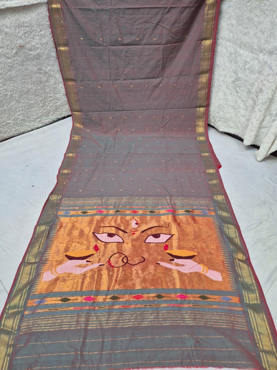 Traditional Maharashtrian Devi Varn Temple Design Zari Border Cotton Paithani Saree