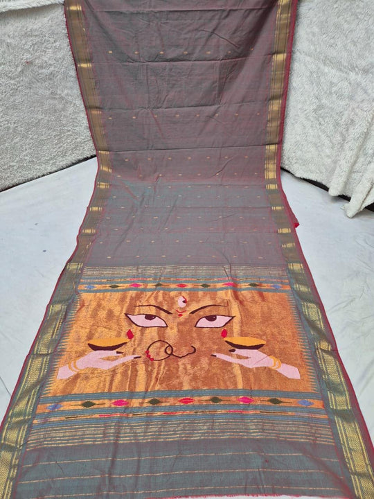 Traditional Maharashtrian Devi Varn Temple Design Zari Border Cotton Paithani Saree