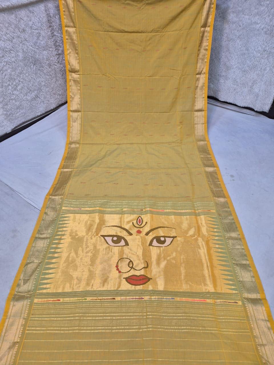 Traditional Maharashtrian Devi Varn Temple Design Zari Border Cotton Paithani Saree