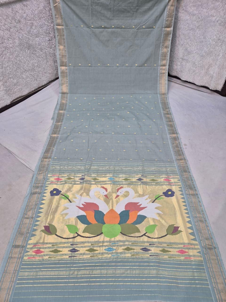 Steel Blue Cotton Paithani Saree with Golden Zari Border & Twin Swan Lotus Pallu