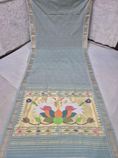 Steel Blue Cotton Paithani Saree with Golden Zari Border & Twin Swan Lotus Pallu
