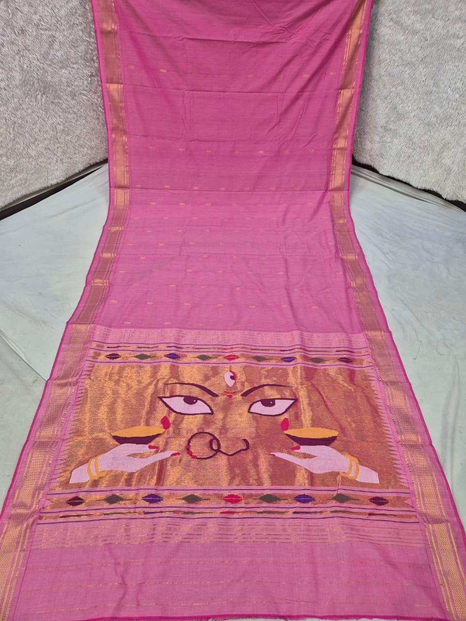 Traditional Maharashtrian Devi Varn Temple Design Zari Border Cotton Paithani Saree