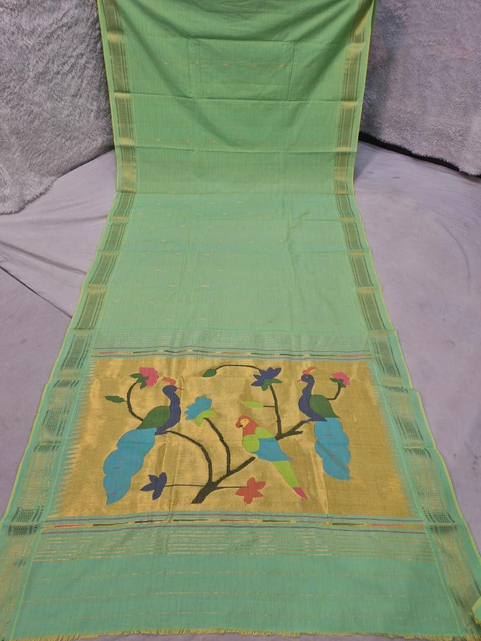Mint Green Paithani Saree with Golden Zari Peacock & Multicolor Bird Pallu