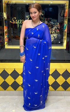 Royal Blue Pure Chiffon Mirror & Katdana Handcrafted Saree