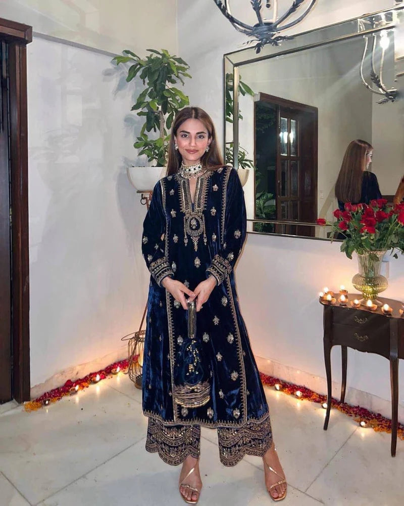 Festive Velvet Embroidered Palazzo Set