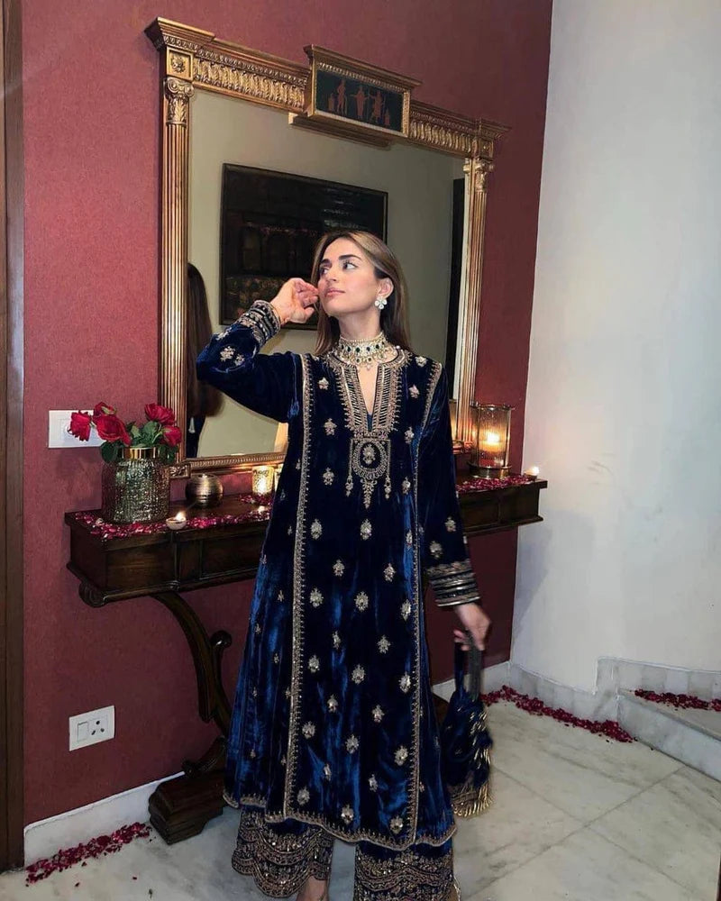 Festive Velvet Embroidered Palazzo Set