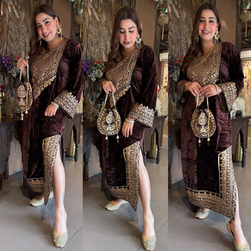 Brown Velvet Heavy Embroidered Kurta