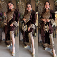 Brown Velvet Heavy Embroidered Kurta