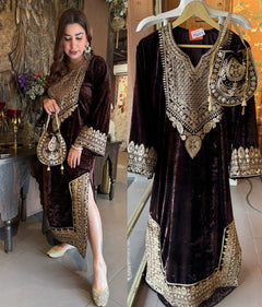 Brown Velvet Heavy Embroidered Kurta