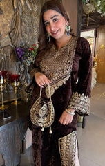 Brown Velvet Heavy Embroidered Kurta