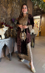 Brown Velvet Heavy Embroidered Kurta