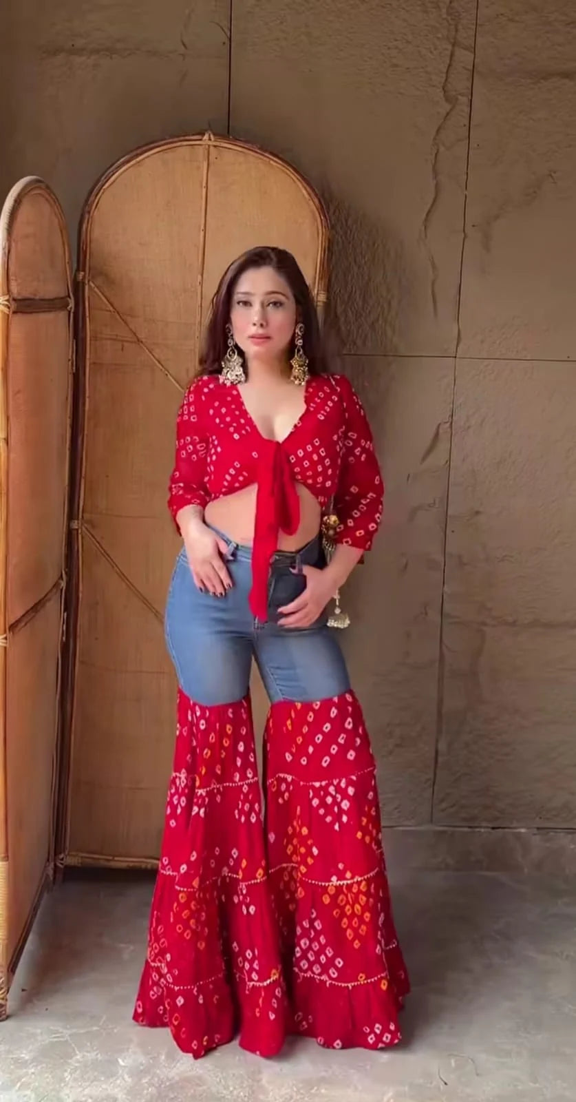 Bandhani Print Co-Ord Set with Flared Denim Pants