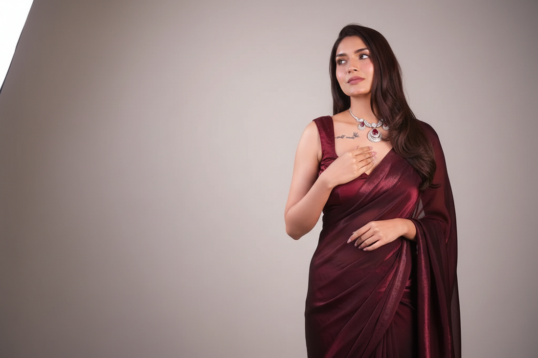 Maroon Metallic Satin Saree Bronze Sequins with Stitched Blouse