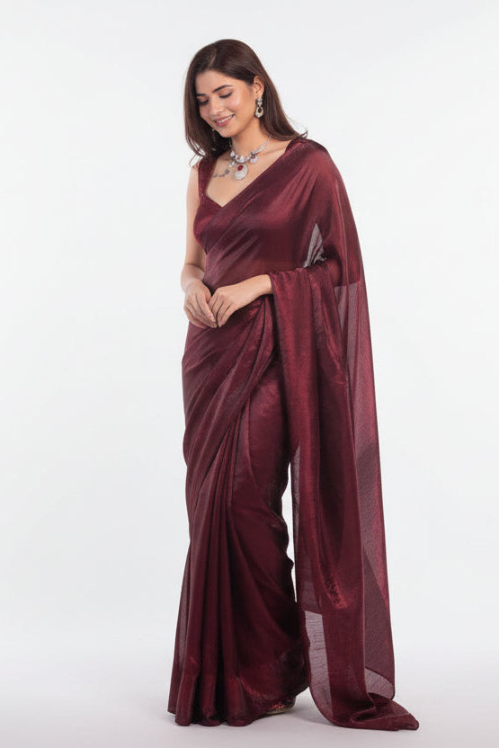 Maroon Metallic Satin Saree Bronze Sequins with Stitched Blouse