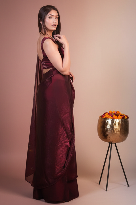 Maroon Metallic Satin Saree Bronze Sequins with Stitched Blouse