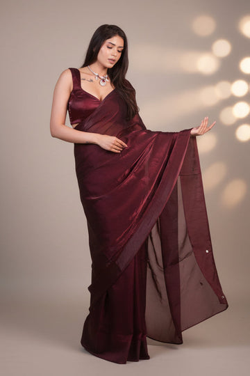 Maroon Metallic Satin Saree Bronze Sequins