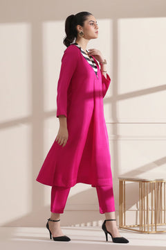 Hot Pink Straight Kurti Pant Set with Contrast Collar