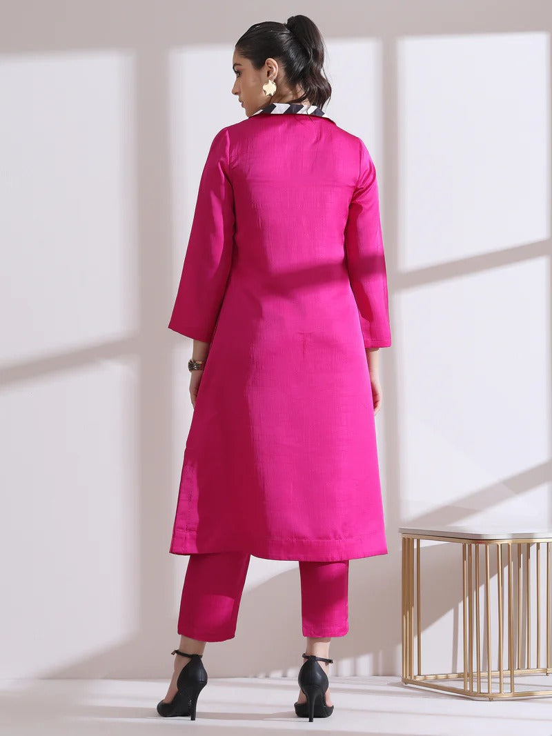 Hot Pink Straight Kurti Pant Set with Contrast Collar