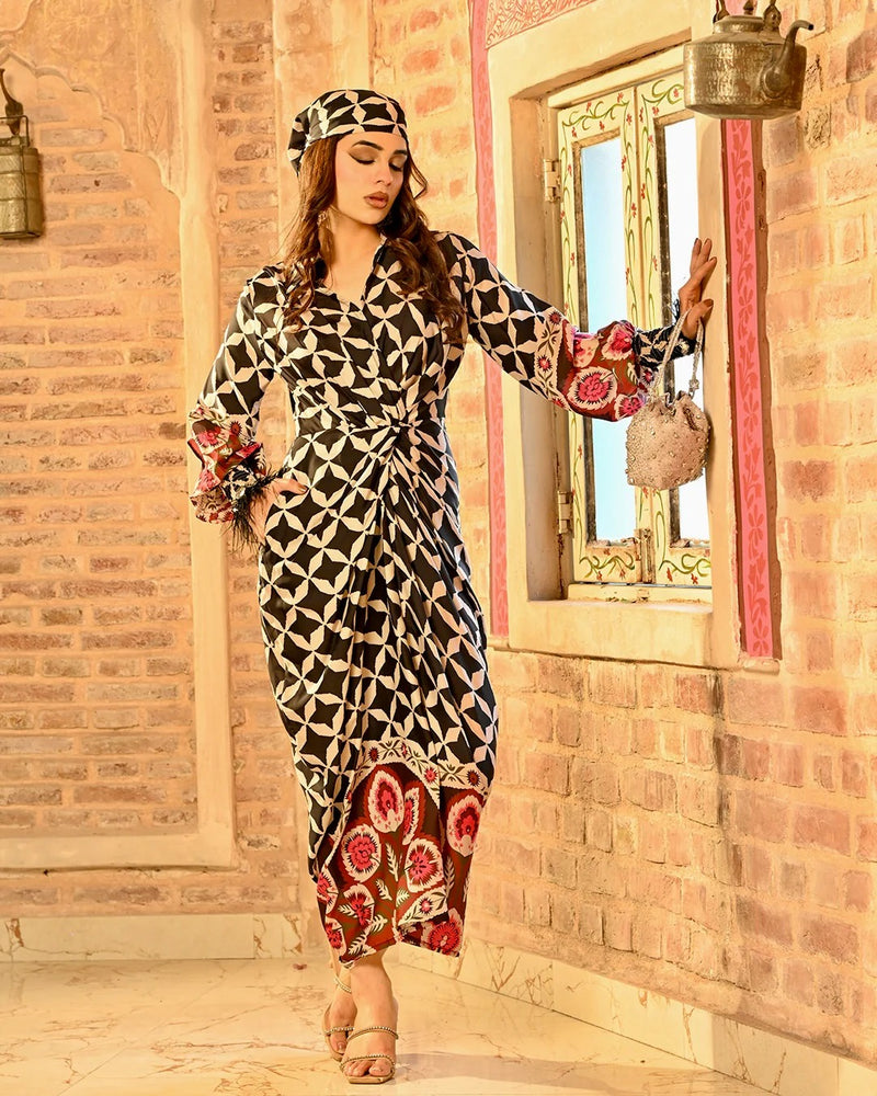Asymmetrical Maxi Dress Black Accents with Free Bandana