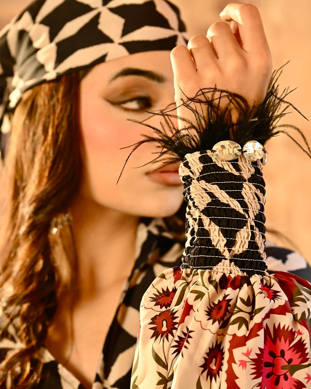 Asymmetrical Maxi Dress Black Accents with Free Bandana
