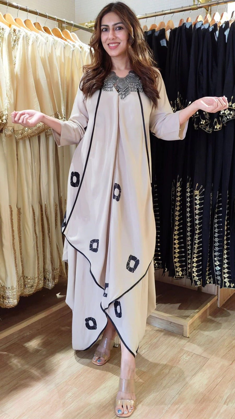 Ivory Butterfly Style Kaftan Dress with Embellished Neck