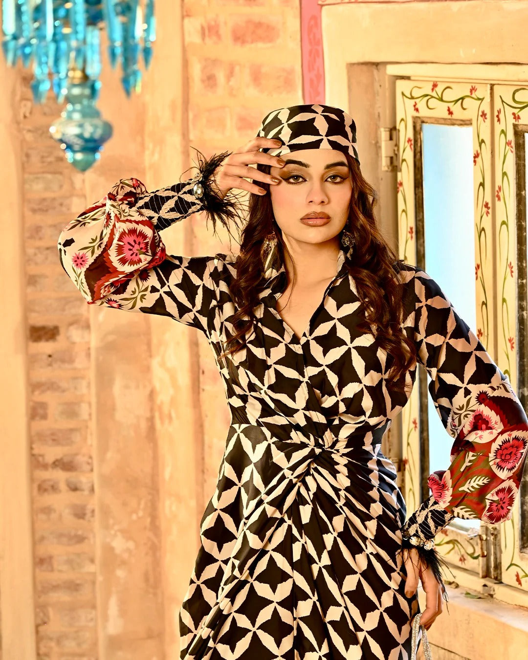 Asymmetrical Maxi Dress Black Accents with Free Bandana