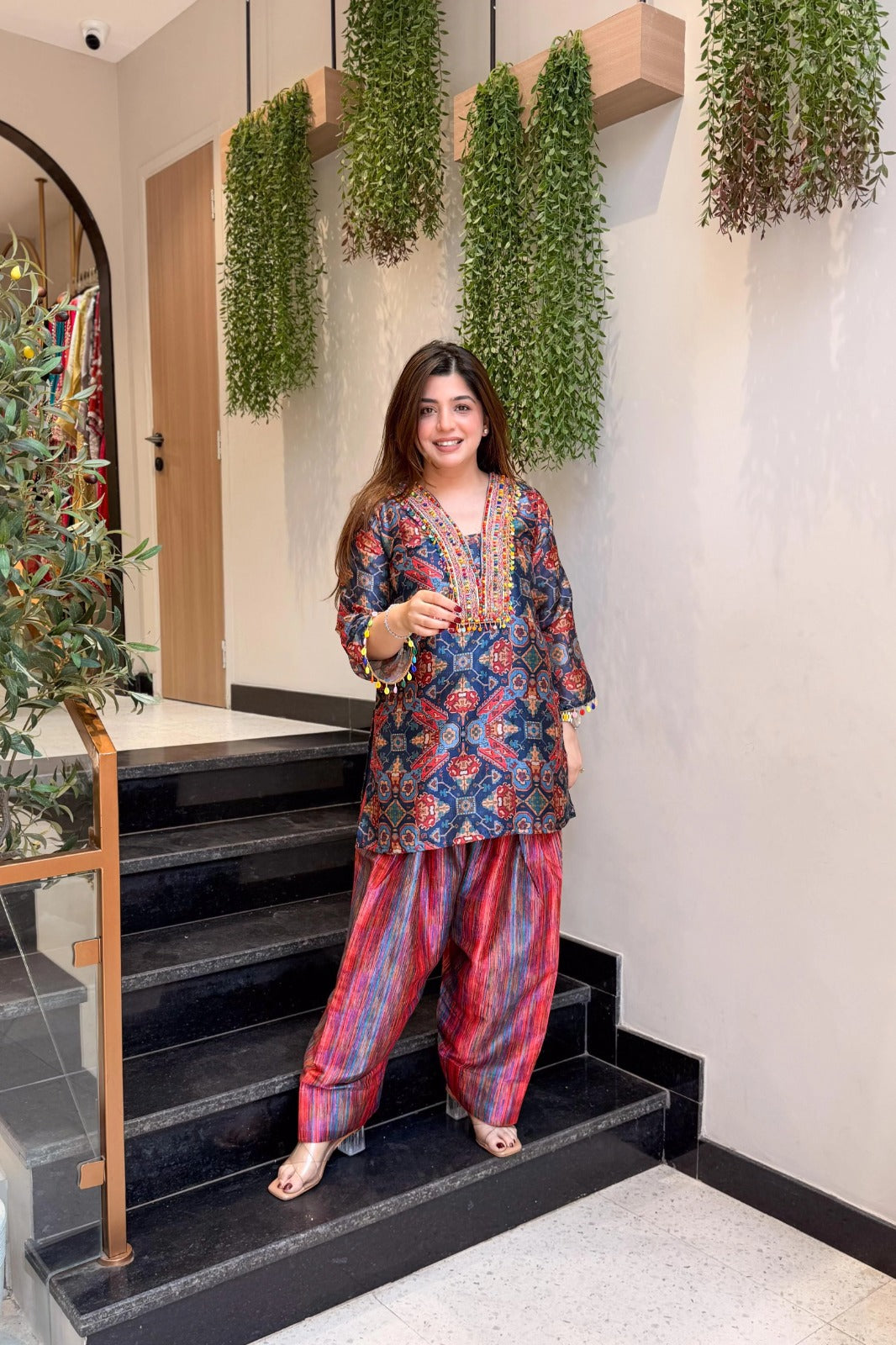 Printed Kurta with Striped Farshi Salwar