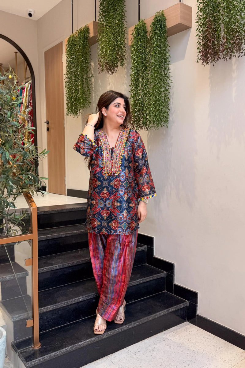 Printed Kurta with Striped Farshi Salwar