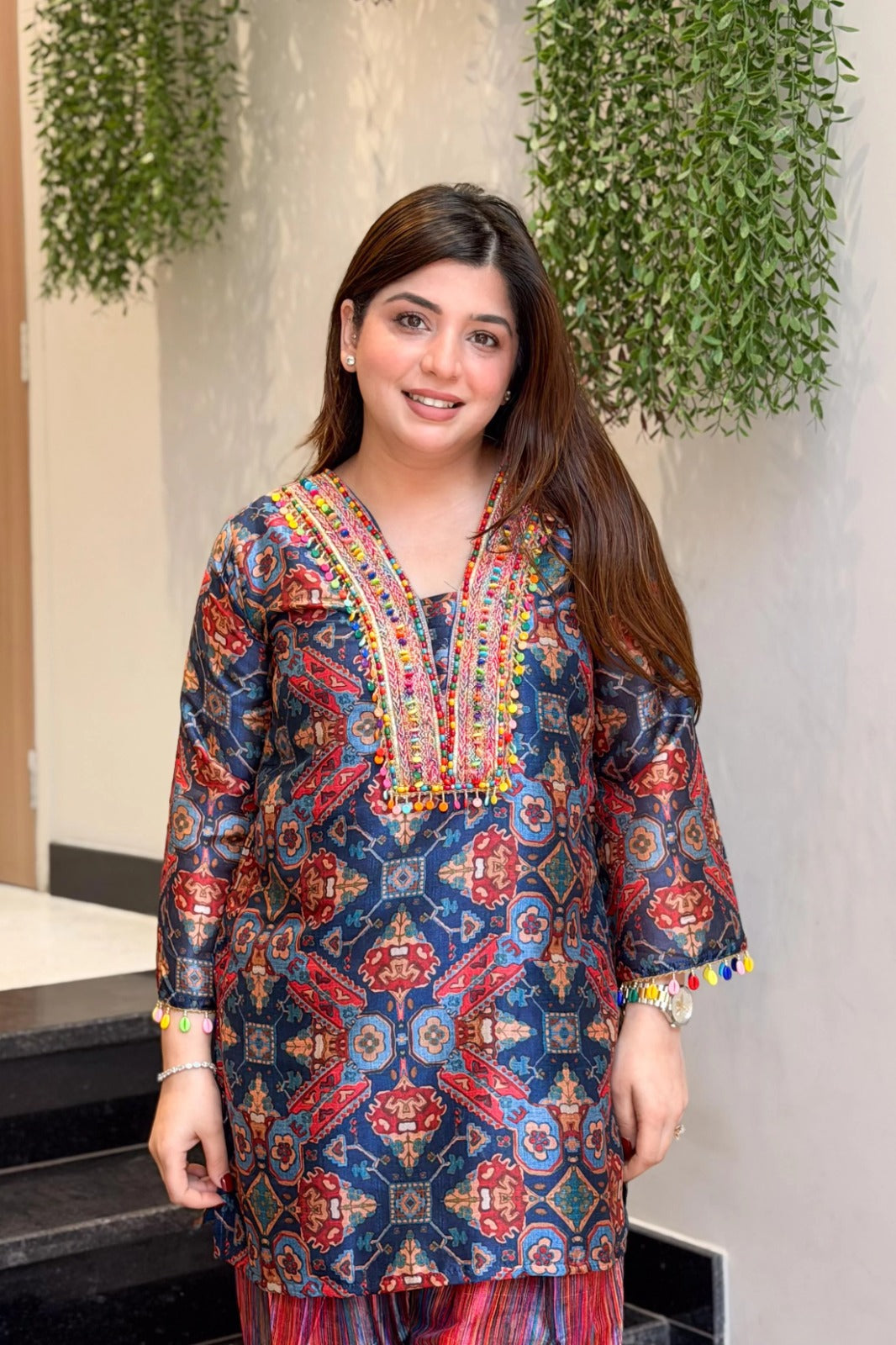 Printed Kurta with Striped Farshi Salwar