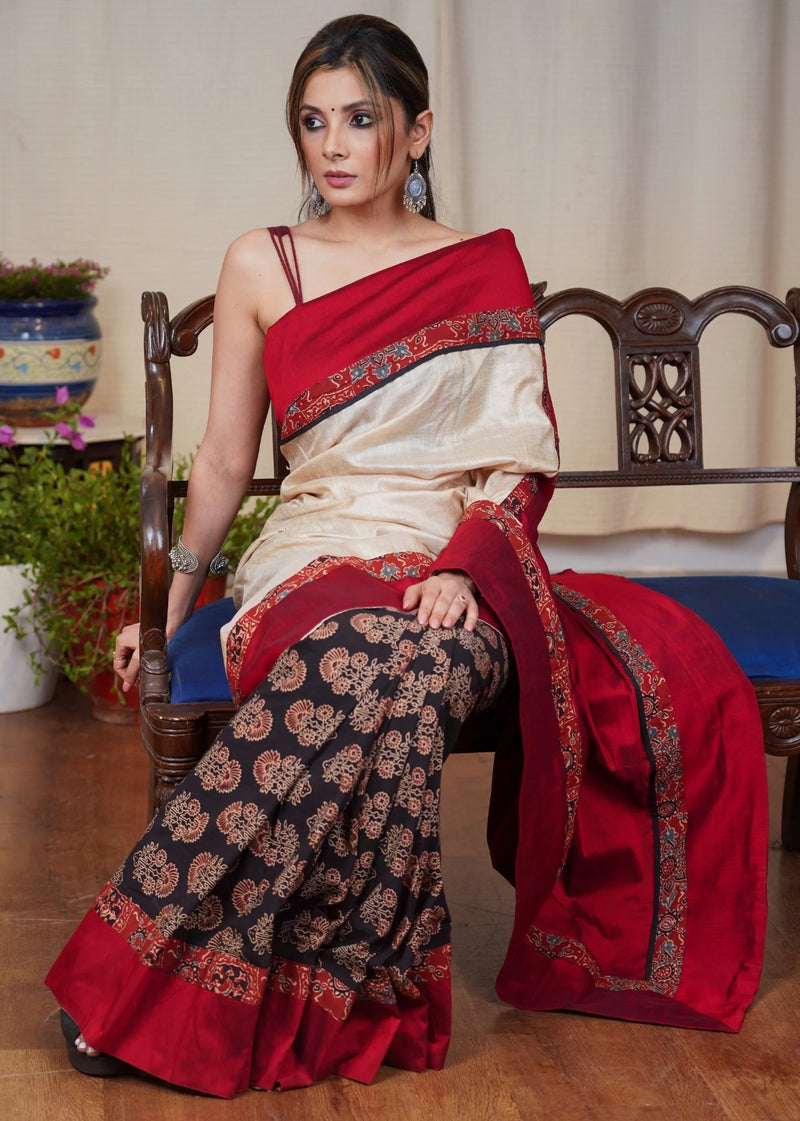 Beige Saree with Red Ajrakh Combination Border & Printed Black Pallu with Stiched Blouse
