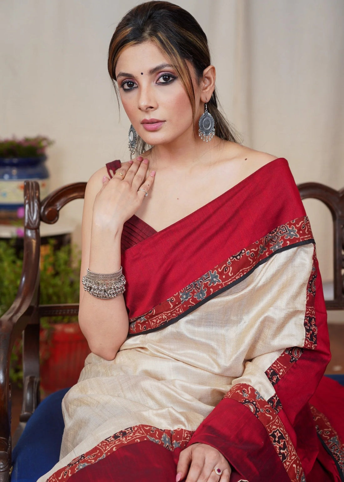 Beige Saree with Red Ajrakh Combination Border & Printed Black Pallu with Stiched Blouse
