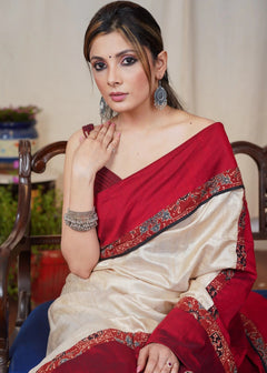 Beige Saree with Red Ajrakh Combination Border & Printed Black Pallu with Stiched Blouse