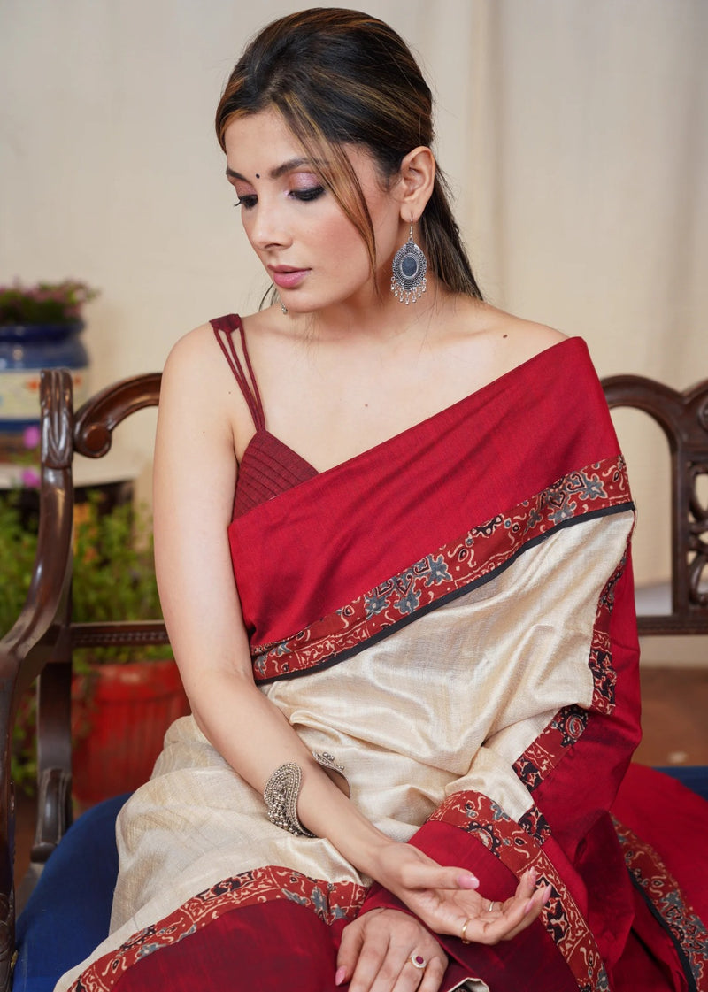 Beige Saree with Red Ajrakh Combination Border & Printed Black Pallu with Stiched Blouse
