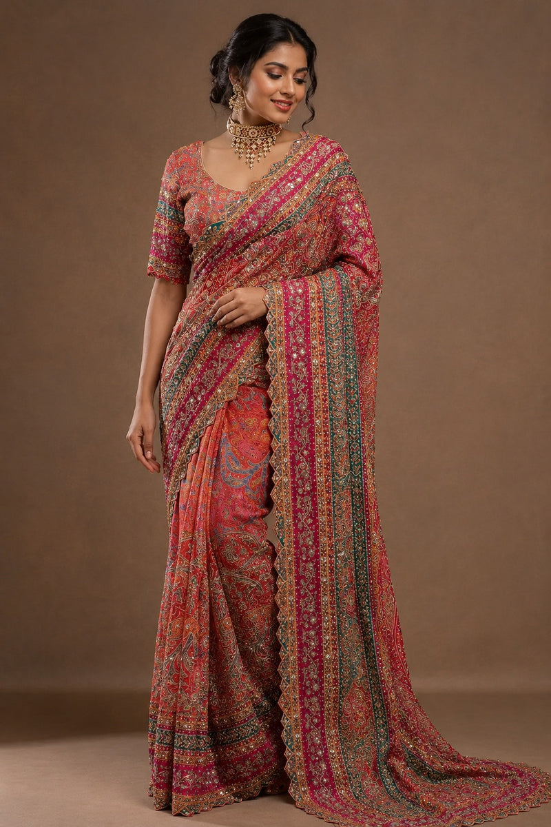 Premium  Multicolor Crepe Printed Designer Saree with Embroidered- By Reet Lifestyle