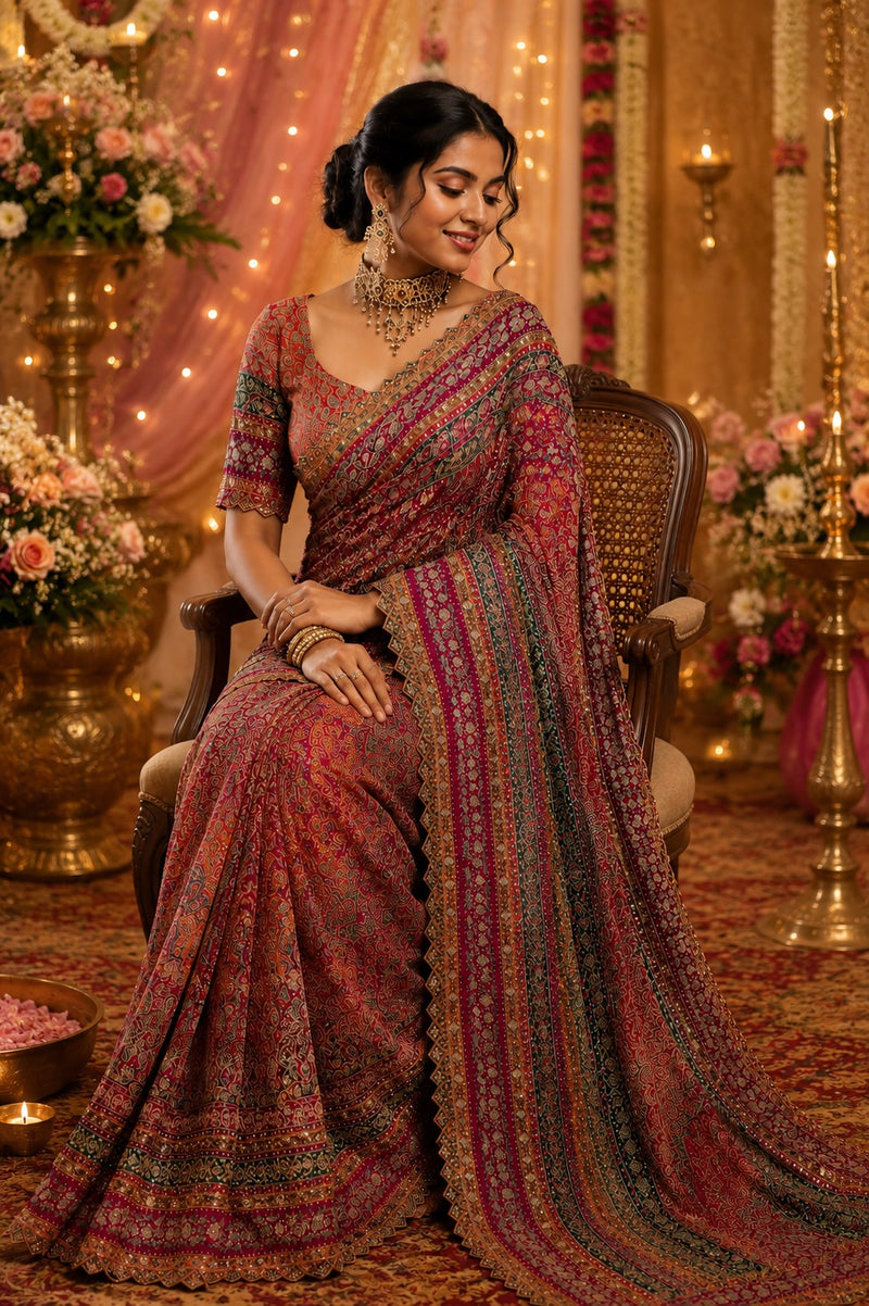 Premium  Multicolor Crepe Printed Designer Saree with Embroidered- By Reet Lifestyle